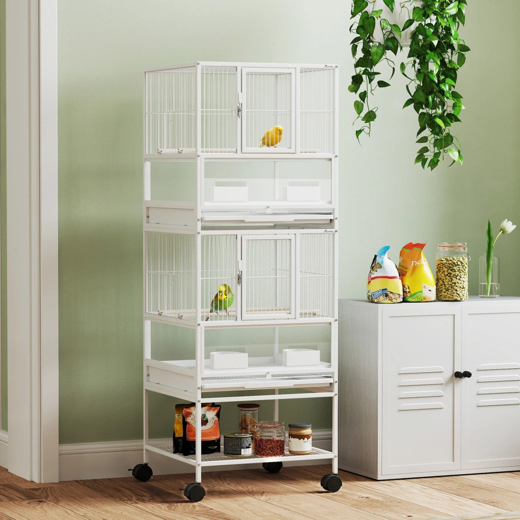 Gabbia per Uccelli a 2 Piani ¨C Xylo ¨C con Pannelli Acrilici Mangiatoie Trespoli Ruote 48x46x134,5 cm Bianco