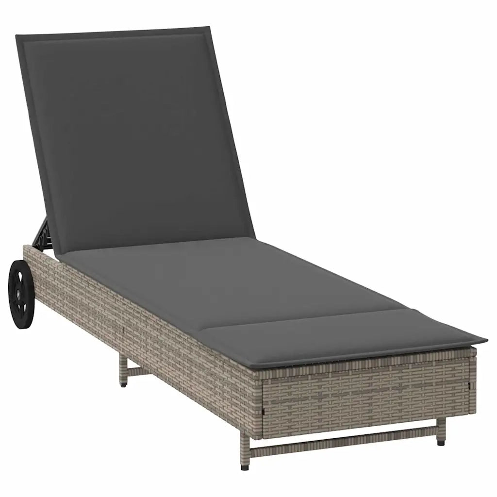 Lettino Prendisole con Ruote e Cuscino in Polyrattan Grigio 4104035