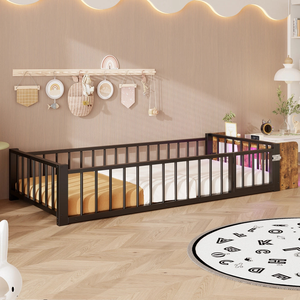 LETTO 90x200 cm in metallo e MDF con sponda, vano aperto e LED, nero