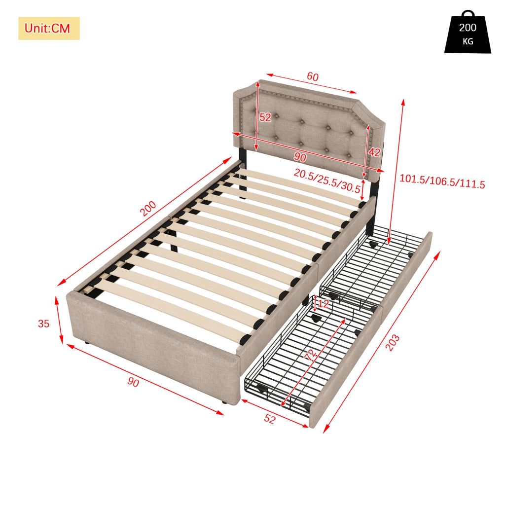 Letto Imbottito con Cassetti ¨C MINIMAL ¨C Singolo 90x200 Beige Scuro