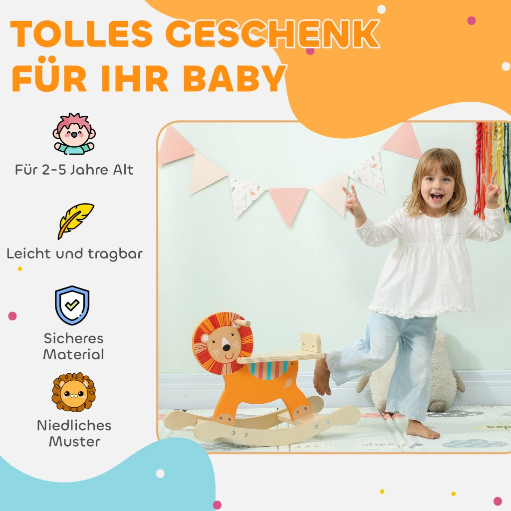 Cavallo a Dondolo con Design Leone per Bambini ¨C Minimal ¨C Legno Arancione