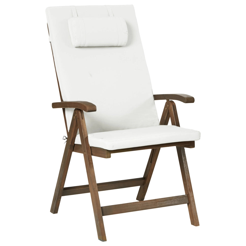 Set di 6 sedie da giardino in stile rustico in legno di acacia naturale, regolabili e pieghevoli con braccioli, cuscini marrone scuro e bianco sporco