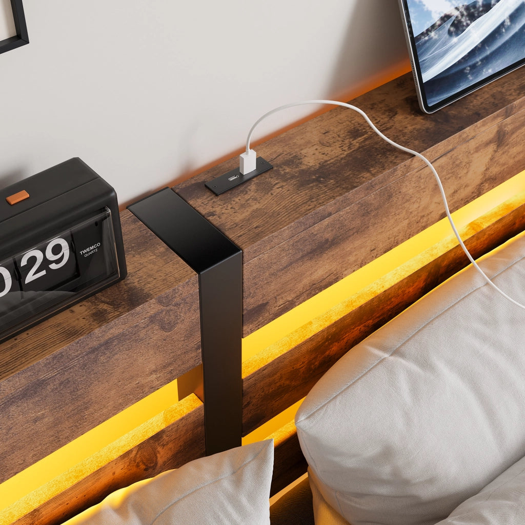 LETTO 140x190 cm in metallo e legno nero/marrone con LED RGB e 2 USB