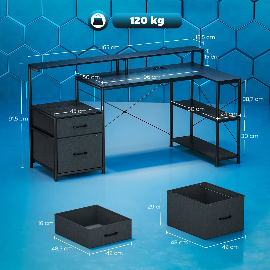 Scrivania Gaming Angolare con LED e Prese ¨C zephmum ¨C Nero 165x80x91,5 cm