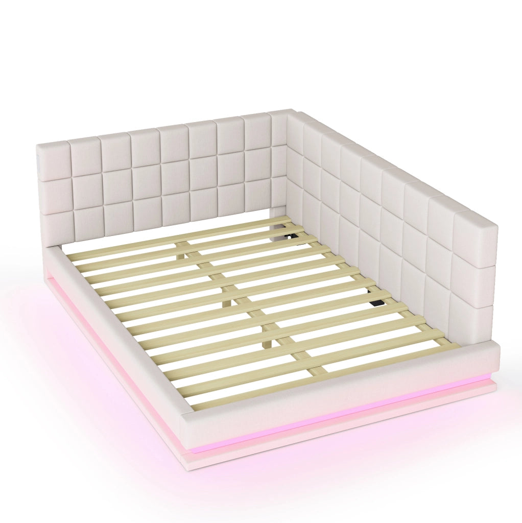 Divano letto 140x200 cm con LED e porta USB; tessuto di lino beige