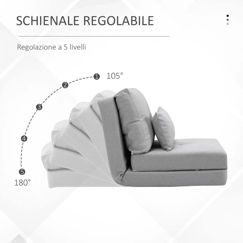 POLTRONA LETTO 3 IN 1 CONVERTIBILE IN CHAISE LONGUE E DIVANO DA TERRA CON 2 CUSCINI, GRIGIO CHIARO