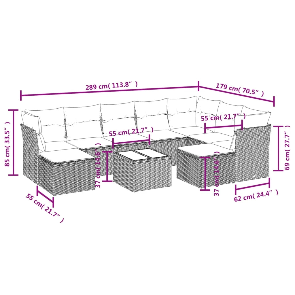 Set Divani da Giardino 10pz con Cuscini in Polyrattan Nero 3218576