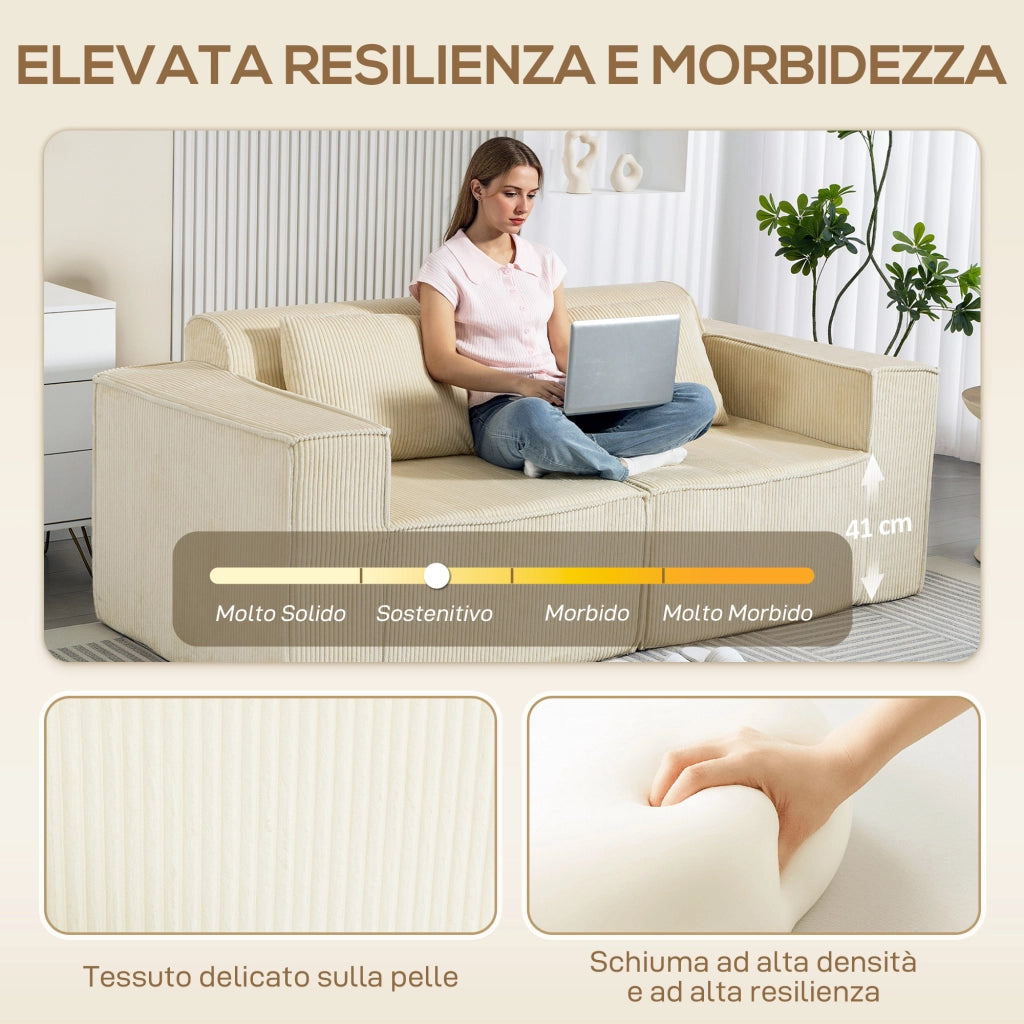 Divano 3 Posti Modulare con Braccioli Larghi e Cuscini in Velluto ¨C Minimal ¨C Beige