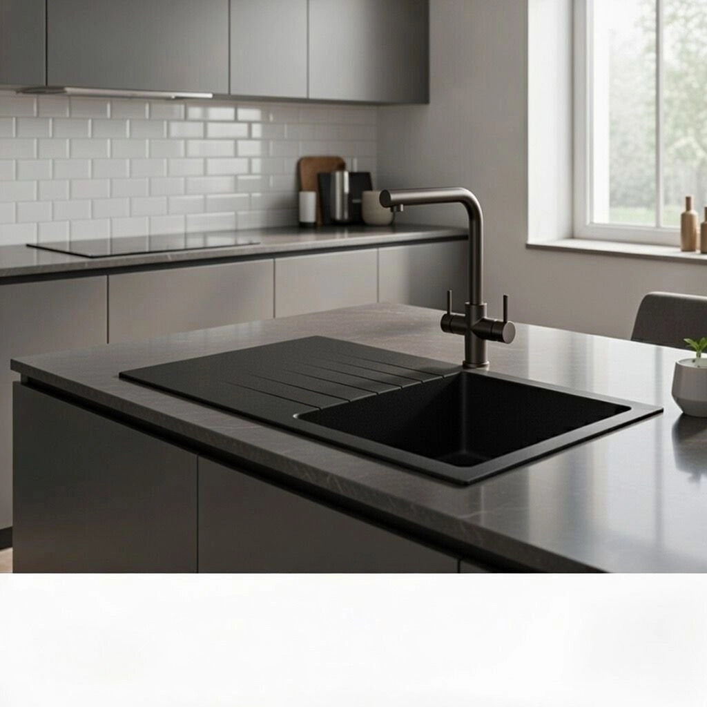 Lavello 86 cm da incasso in sintetico effetto granito una vasca - Nero