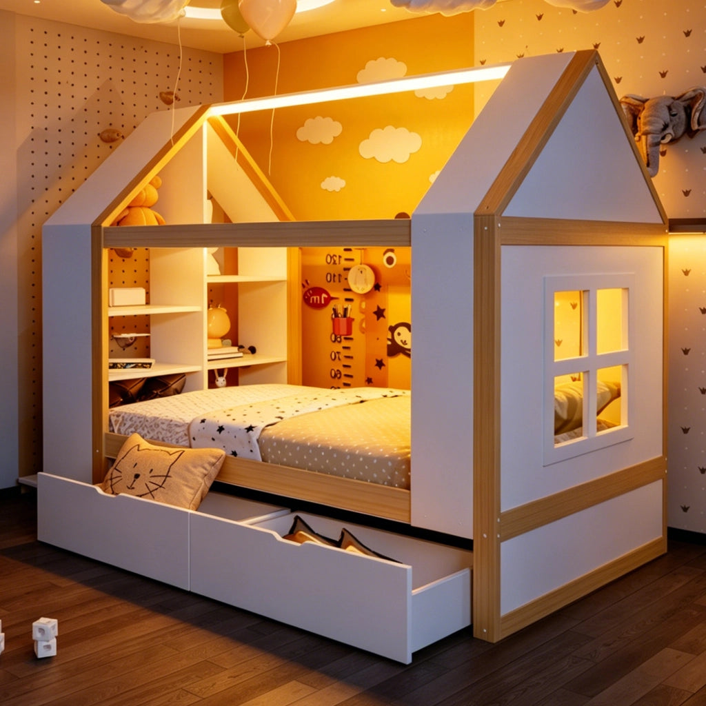 Letto Casetta Letto Singolo 90x200 cm con 2 Cassetti; LED e Spazio Contenitore