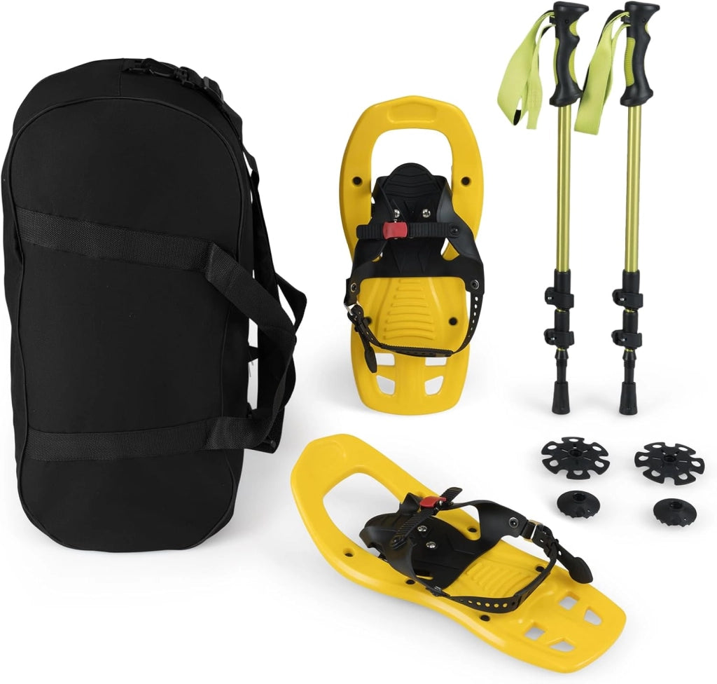 Racchette da Neve per Bambini 28-37, Bastoncini da Trekking Telescopici 51,5-100 cm con Punte in Tungsteno, Dischi Neve e Dischi Fango, Ciaspole da Neve con Legatura a Cricchetto e Borsa