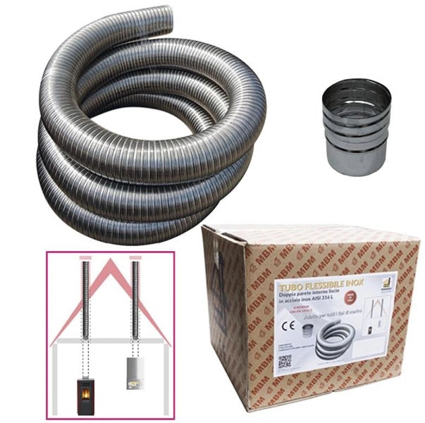Kit tubo acciaio inox 316 flessibile 10 mt diametro 80 mm interno liscio a norma CE EN 1856 2 canna fumaria
