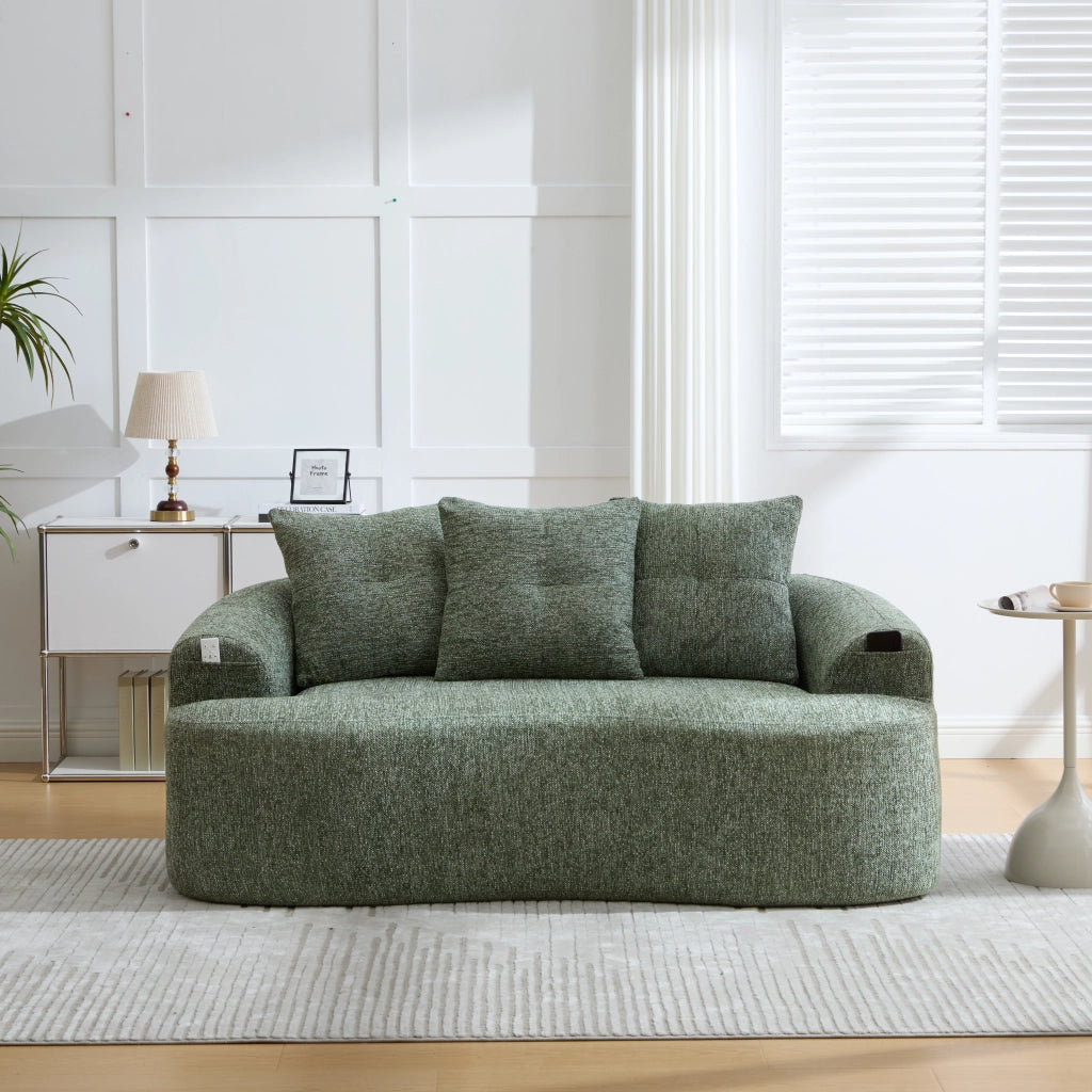 Divano lineare 2 posti con seduta profonda e 3 cuscini in chenille verde 164 × 92 × 60 cm