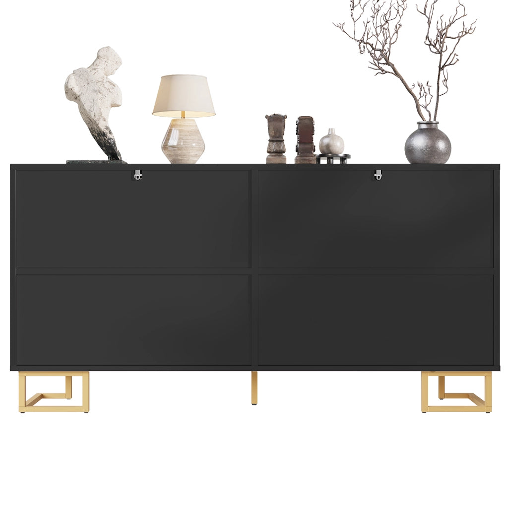 Credenza Sideboard ¨C MINIMAL ¨C Nero, Design Geometrico, Maniglie Dorate, 152x40x75 cm