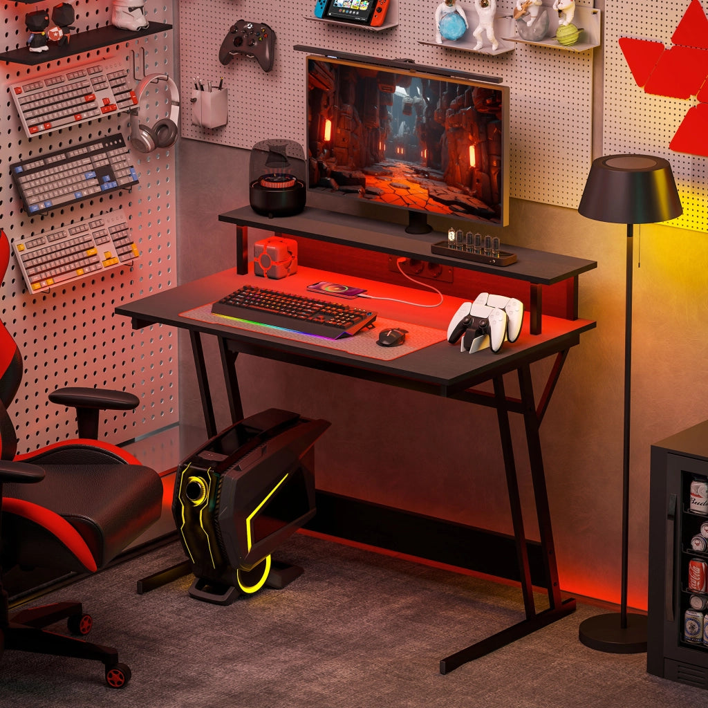Scrivania Gaming con LED e Ripiani 100x60 cm ¨C Minimal ¨C Nero
