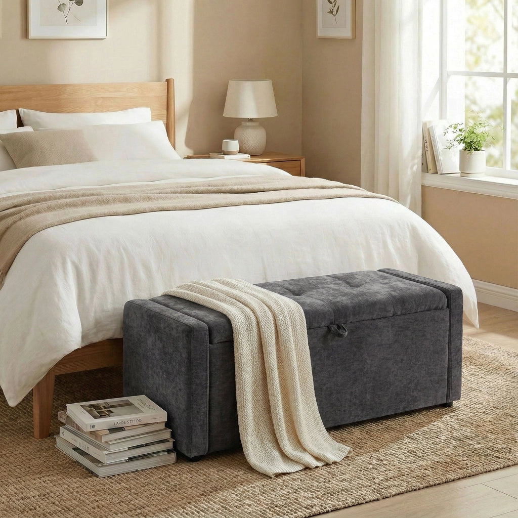 Pouf Contenitore Imbottito ¨C Minimal ¨C Grigio Scuro, Lino