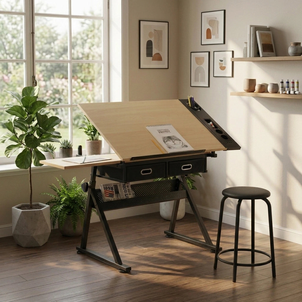 Scrivania Regolabile con 2 Cassetti e Sgabello ¨C MINIMAL ¨C Legno Acero