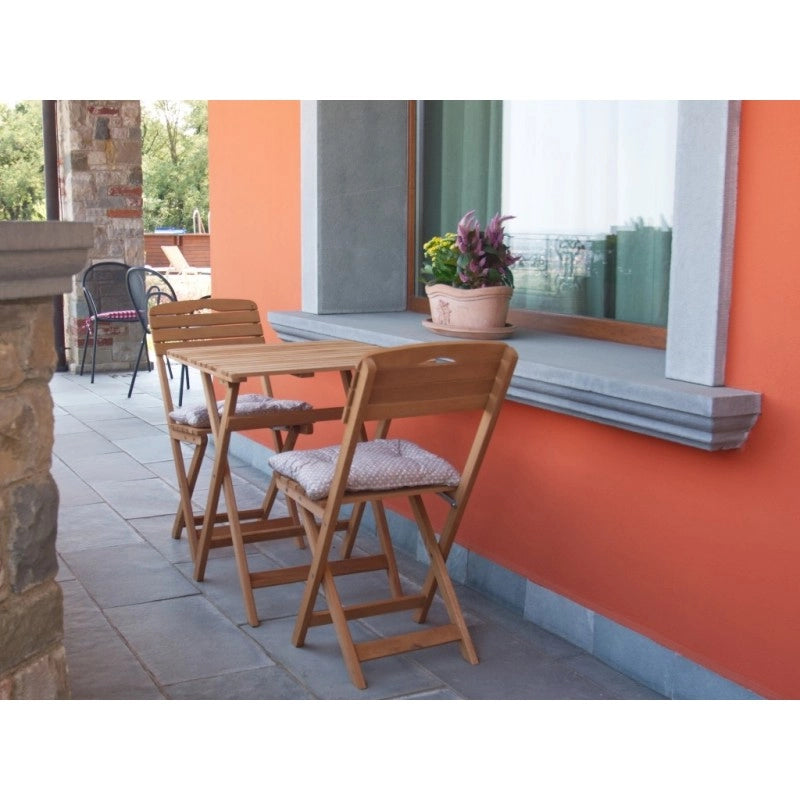 Set tavolo e sedie pieghevoli da giardino in legno con cuscini, tavolino 60x60 cm salvaspazio per balcone e terrazzo - Esterni da Vivere