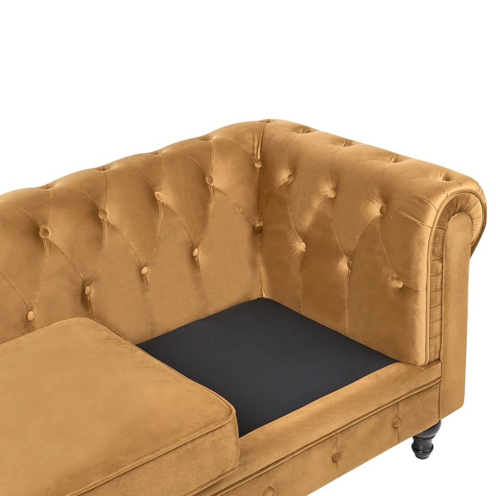 Set da soggiorno Chesterfield con rivestimento in velluto oro con gambe nere divano a 3 posti + poltrona
