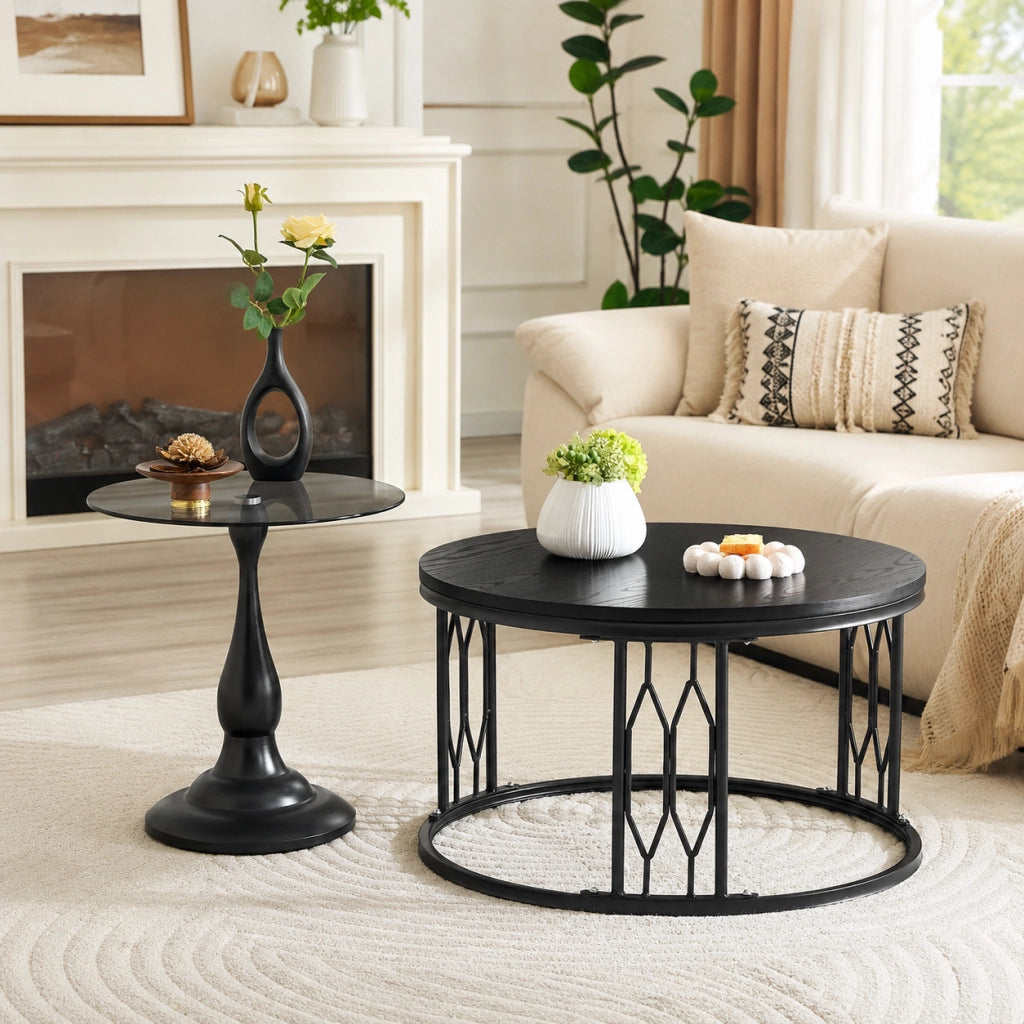 TAVOLINO rotondo 70 cm in MDF e metallo nero