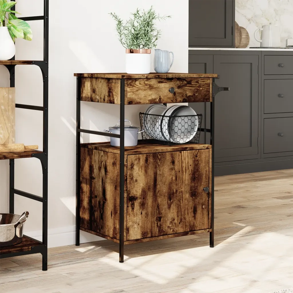 Carrello da Cucina-Scaffale per Cucina Rovere Fumo 56x43x89,5 cm Legno Multistrato