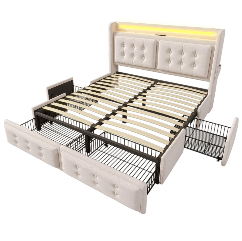 Letto matrimoniale 180x200 cm con LED; USB C e 4 cassetti; tessuto beige
