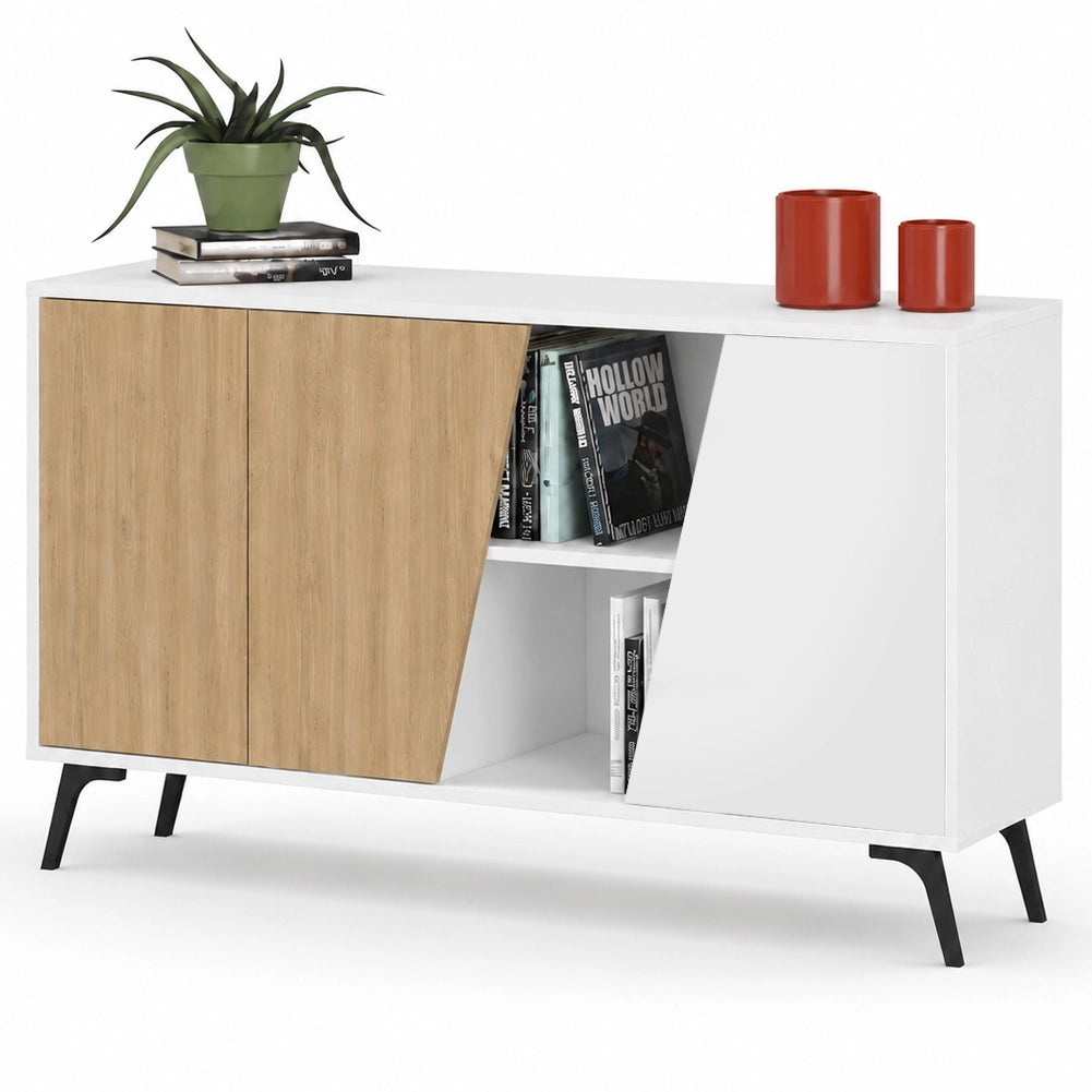 Madia Credenza Moderna 150 cm con 2 Ante 8 Vani e Ripiani Bianco e Quercia