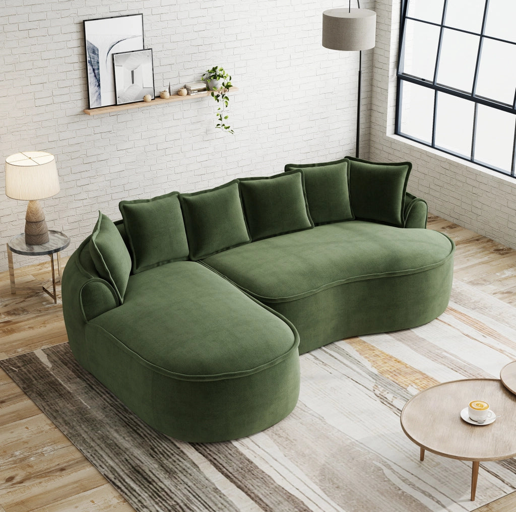 Divano modulare senza struttura in ciniglia verde con chaise longue; 2 moduli e cuscini
