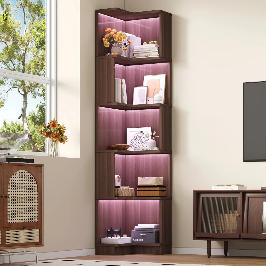 Libreria angolare con 5 ripiani e strisce LED controllate da app in MDF marrone 63,5 × 45 × 175 cm