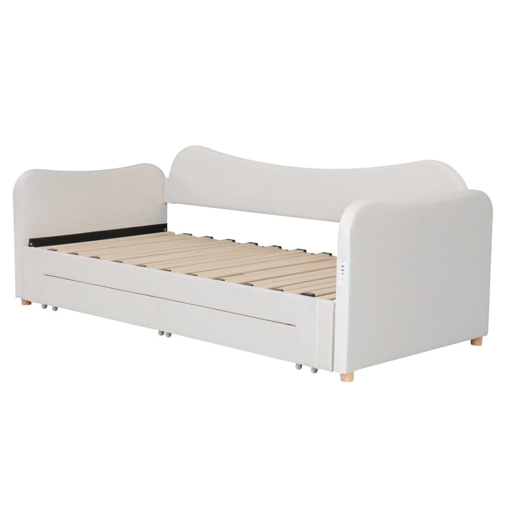 Letto Imbottito Contenitore con 2 Cassetti e USB ¨C MINIMAL ¨C Velluto Beige 90x200 cm
