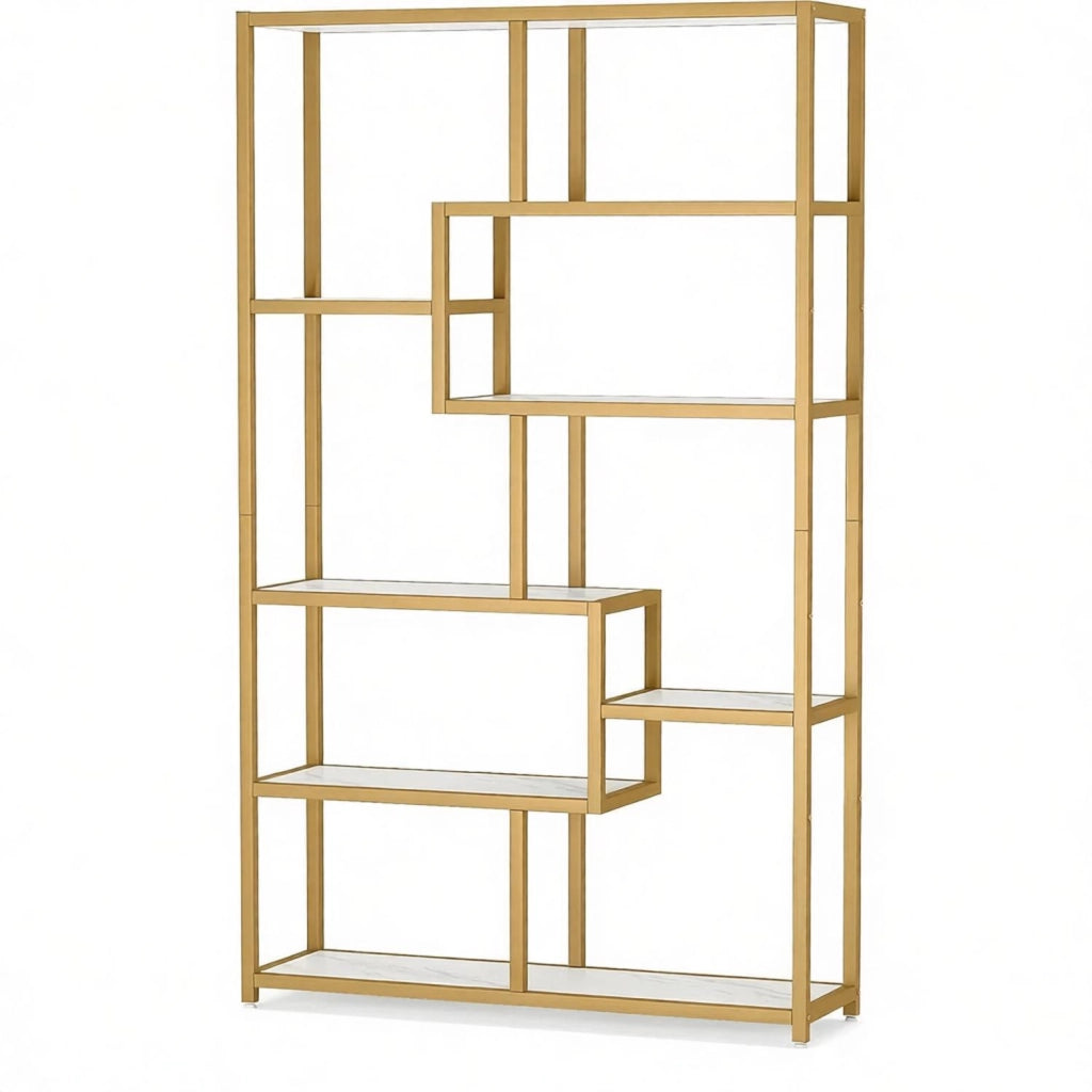 LIBRERIA a 8 ripiani 180x100x20 cm Metallo Oro e Bianco effetto marmo