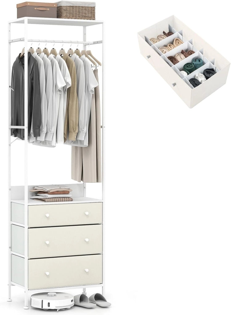 Appendiabiti con Cassetti in Tessuto, Armadio Autoportante con Asta Appendiabiti a 3 Posizioni e Ripiani di Stoccaggio, Ideale per Ingresso Camera da Letto, 55x28x176 cm (Bianco)