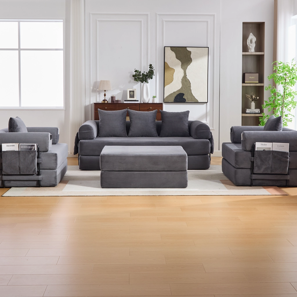 DIVANO Modulare in velluto a coste grigio scuro con pouf e 3 cuscini