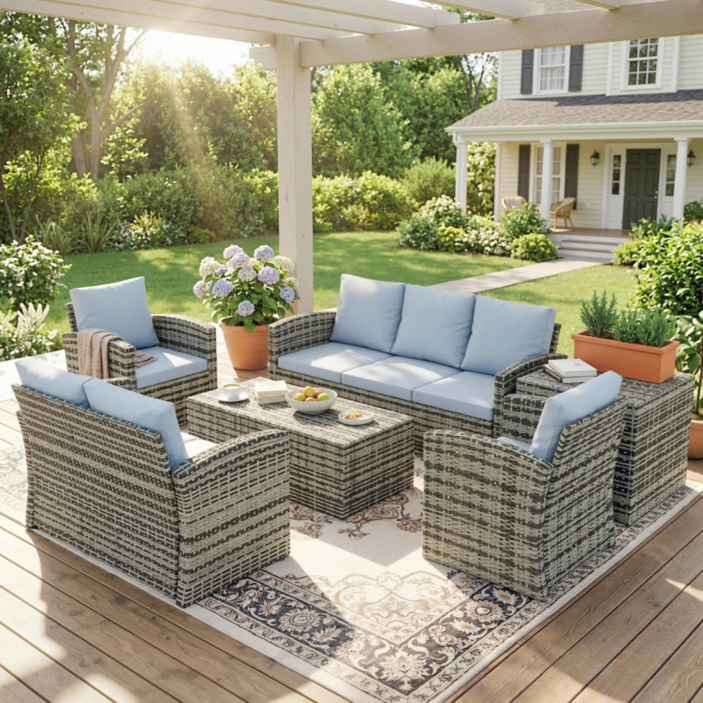 Set Giardino 6 Pezzi con 2 Divani, 2 Poltrone e 2 Tavolini ¨C Zephmum ¨C Rattan e Acciaio, Grigio