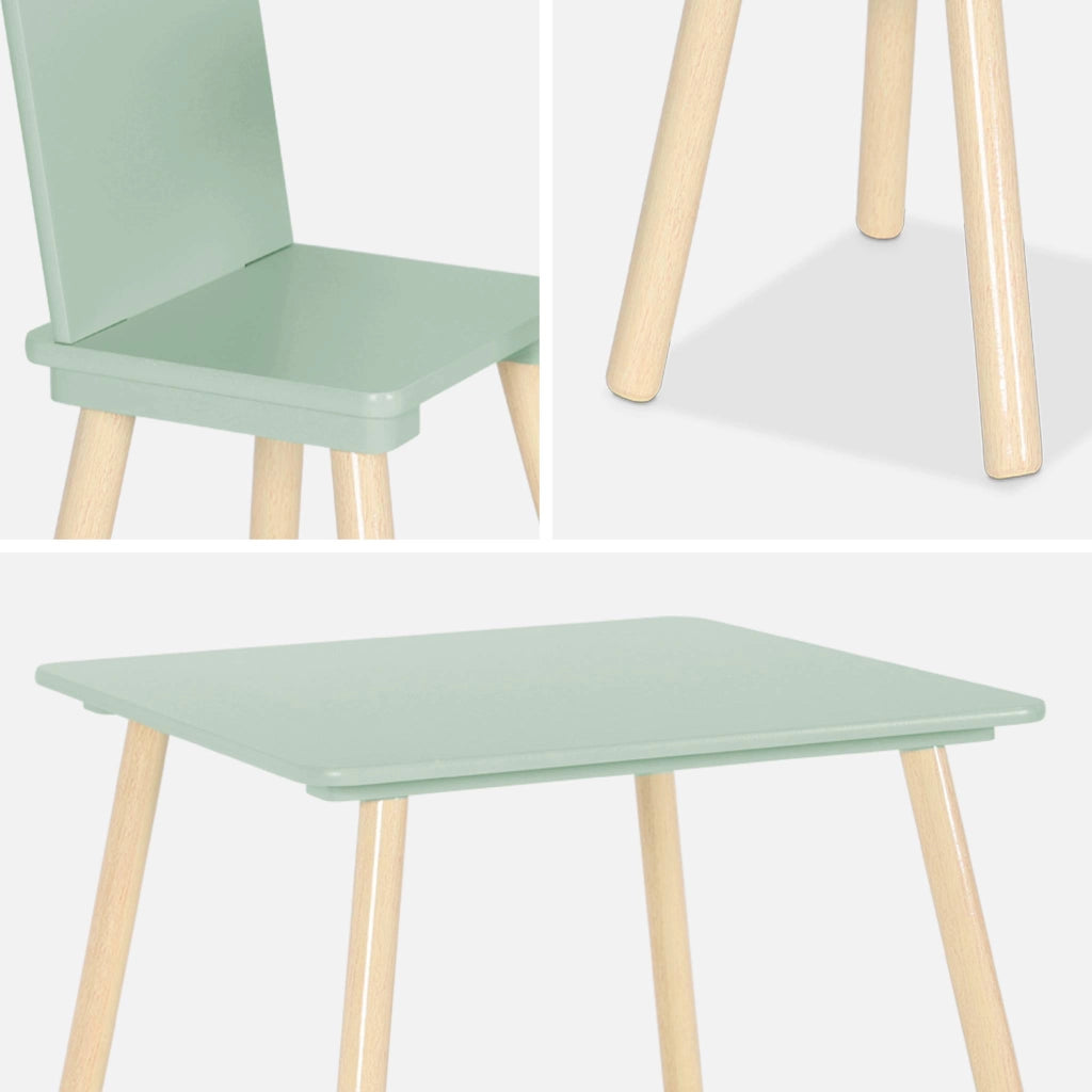Tavolo quadrato per bambini con 2 sedie, verde