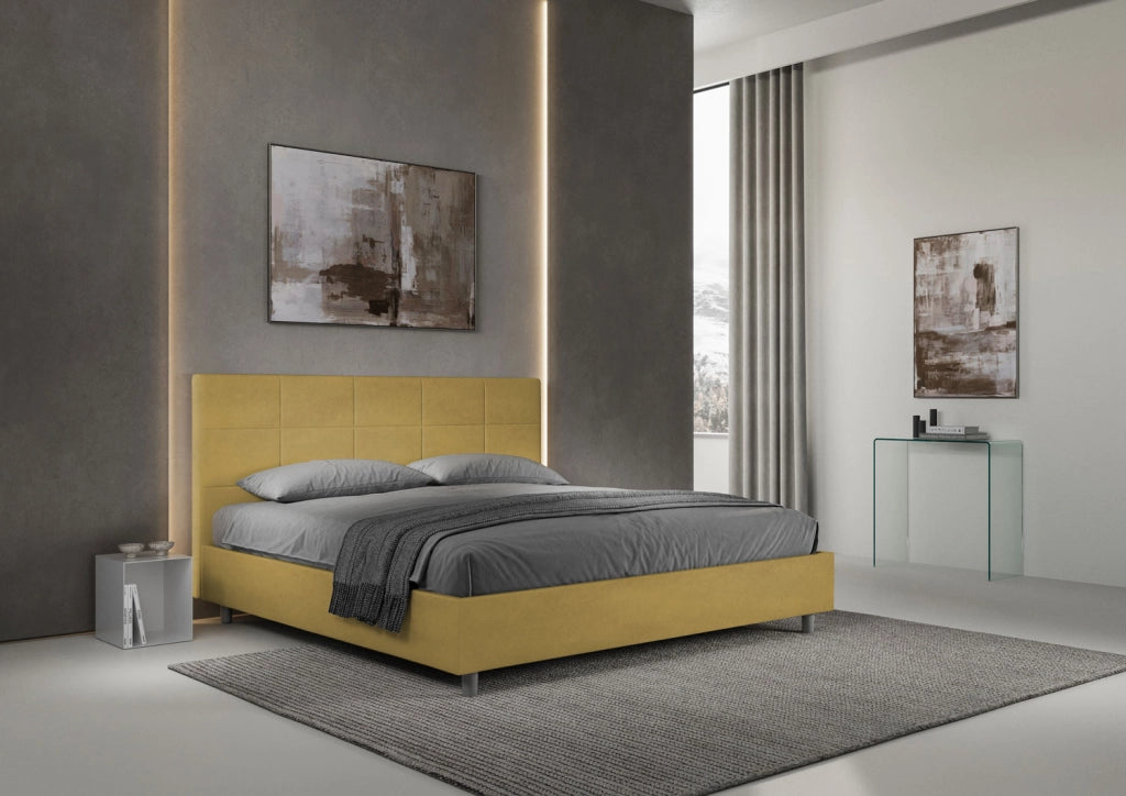 BS COM Letto matrimoniale king size con rete imbottito 200x210 microfibra ocra