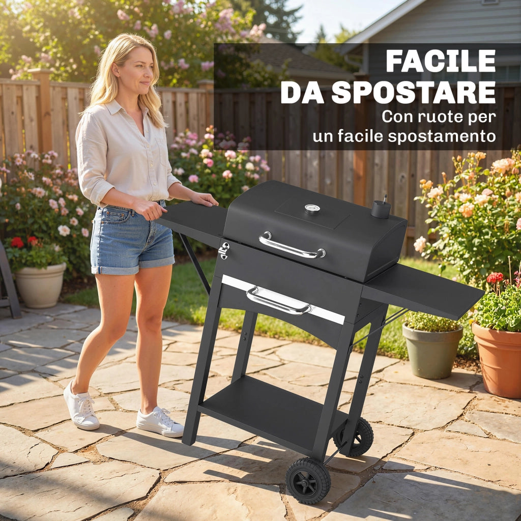 Barbecue a Carbone con Termometro e Ruote - Xylo - Nero, 110x46.5x101 cm