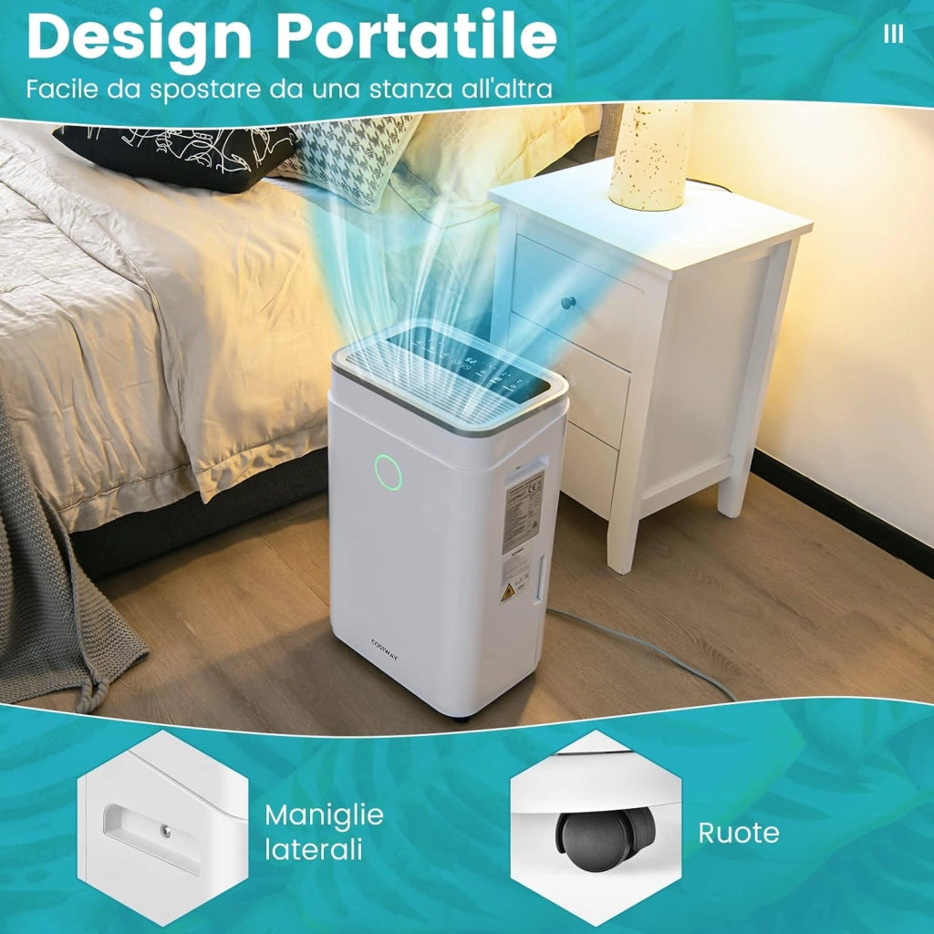 Deumidificatore Casa 25 L al Giorno, con Tubo di Scarico, Scarico Automatico o Manuale, Timer 24 ore, Protezione Straripamento e Serbatoio dell’Acqua 6,5 L per Spazi Fino a 30 m2