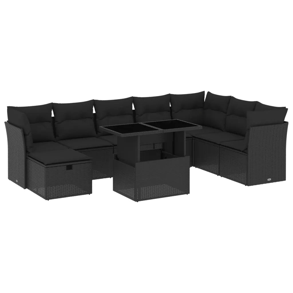 Set Divani da Giardino 9 pz con Cuscini Nero in Polyrattan