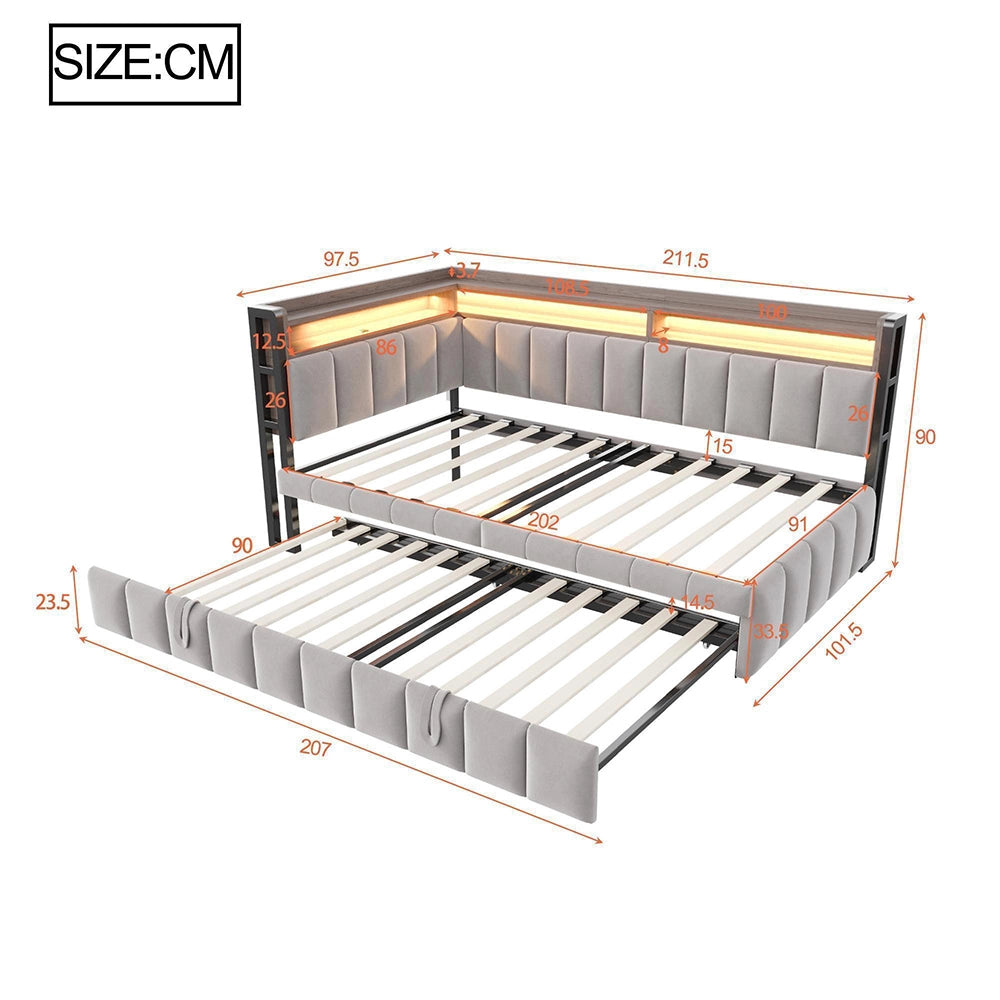 Divano letto 90x200cm?- Xylo - gigogne LED USB velluto grigio chiaro