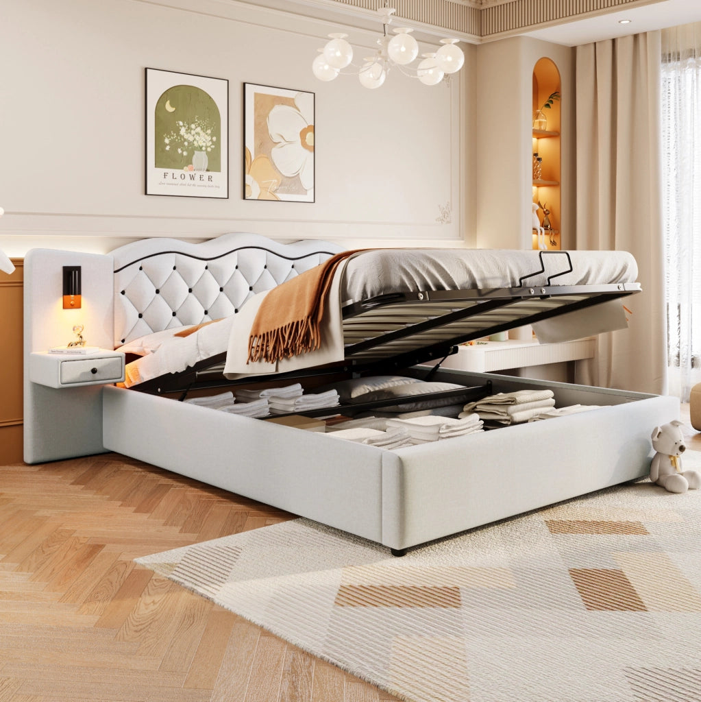 Letto imbottito 180x200 cm; alzata idraulica e luci; lino e MDF; beige