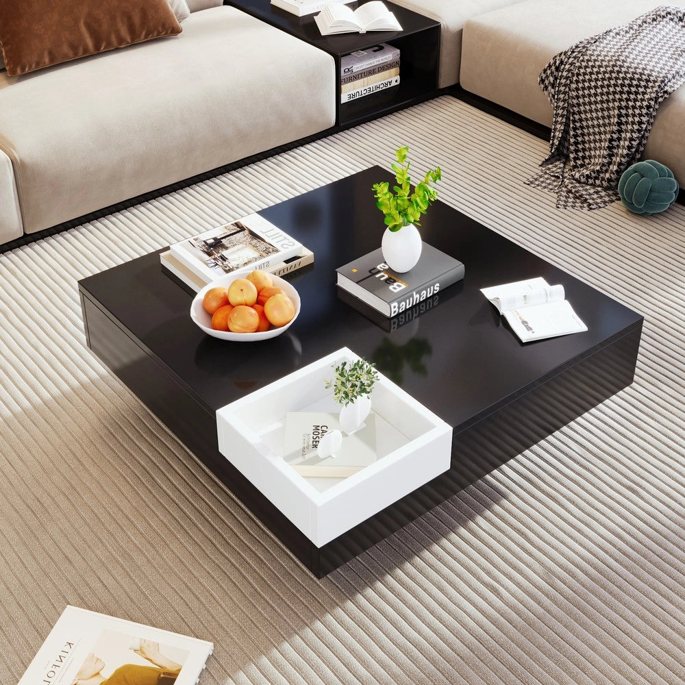 Tavolino da Caff¨¨ con LED e Box Contenitore ¨C MINIMAL ¨C Bianco e Nero Lucido, 72x72x30 cm
