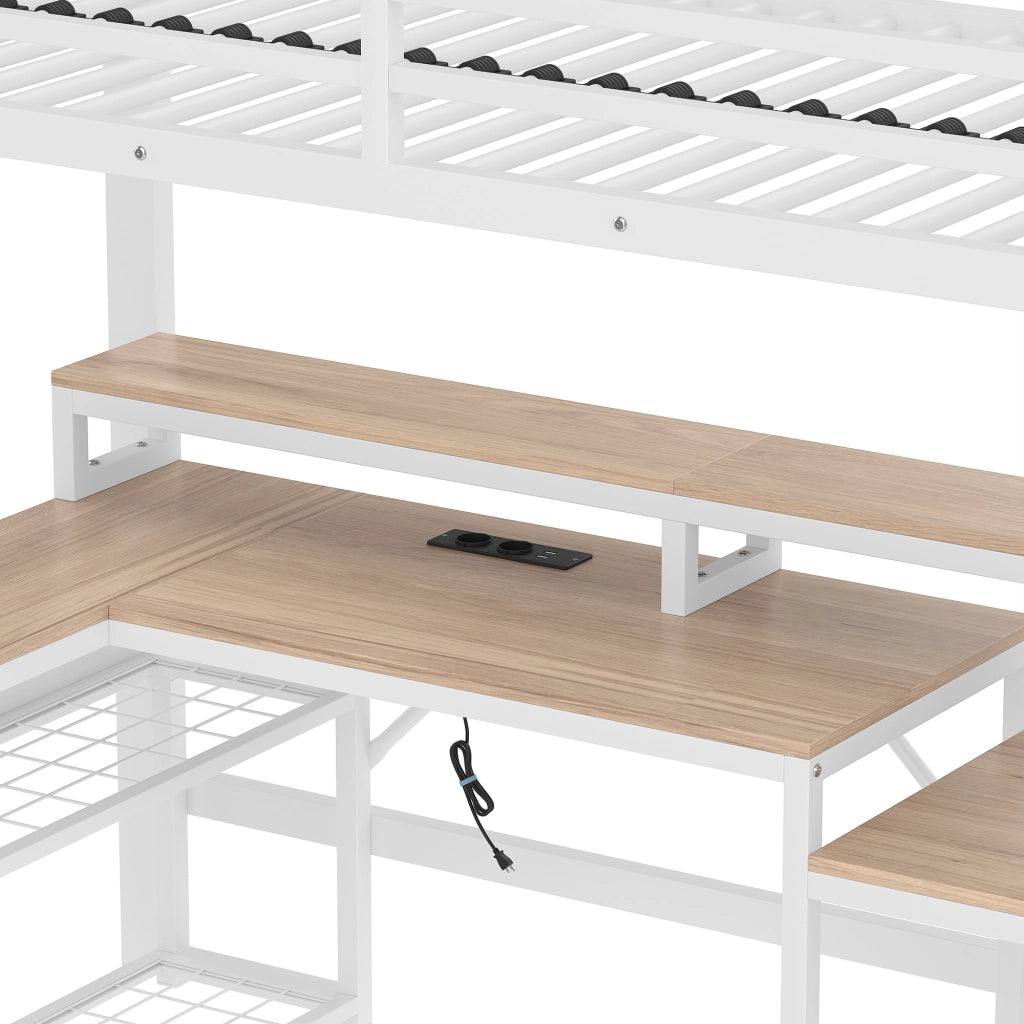Letto a castello 90x200cm - Zephmum - Struttura in ferro, cassettiere, scale con contenitore, LED, scrivania USB, bianco