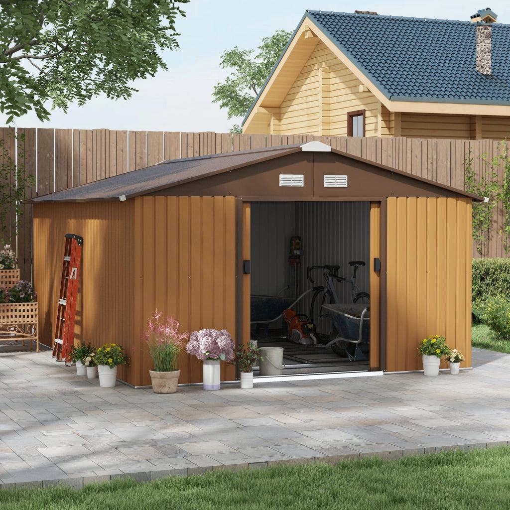 Capanno da giardino in vendita; 340 x 386 x 200 cm; con piastra di base; capanno per attrezzi; capanno da giardino; capanno da giardino; metallo; giallo