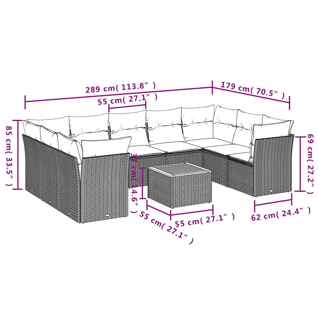 Set Divani da Giardino 10pz con Cuscini in Polyrattan Nero 3256133