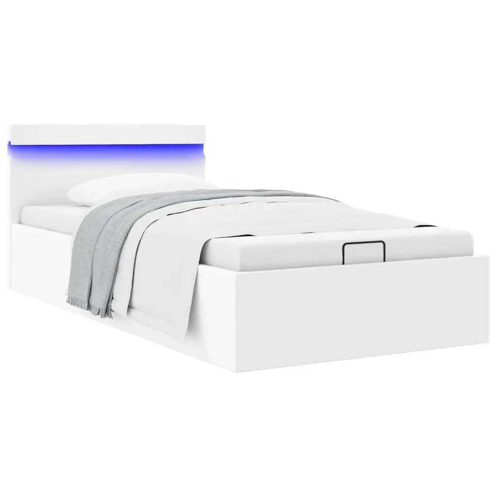 Letto singolo | Letto per adulti | Giroletto Contenitore Idraulico LED Bianco Similpelle 90x200 cm
