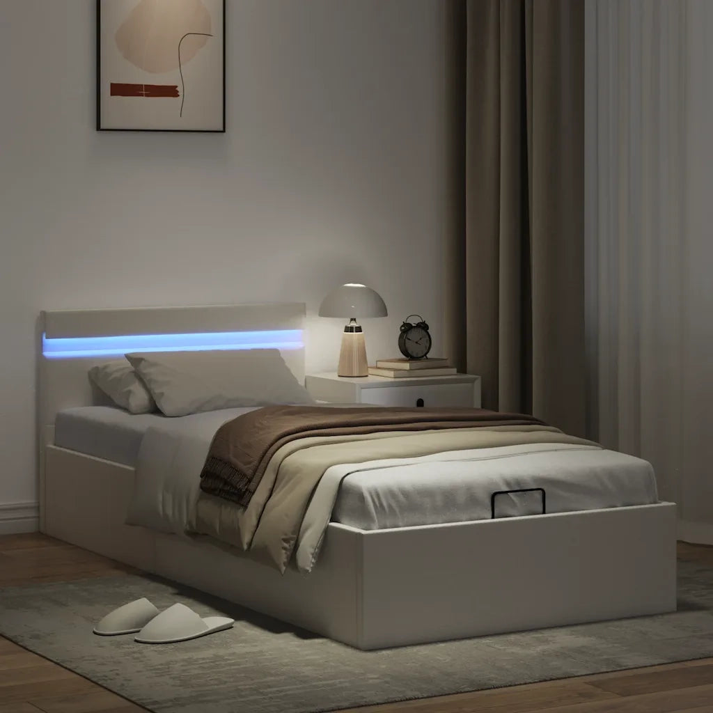 Letto singolo | Letto per adulti | Giroletto Contenitore Idraulico LED Bianco Similpelle 90x200 cm