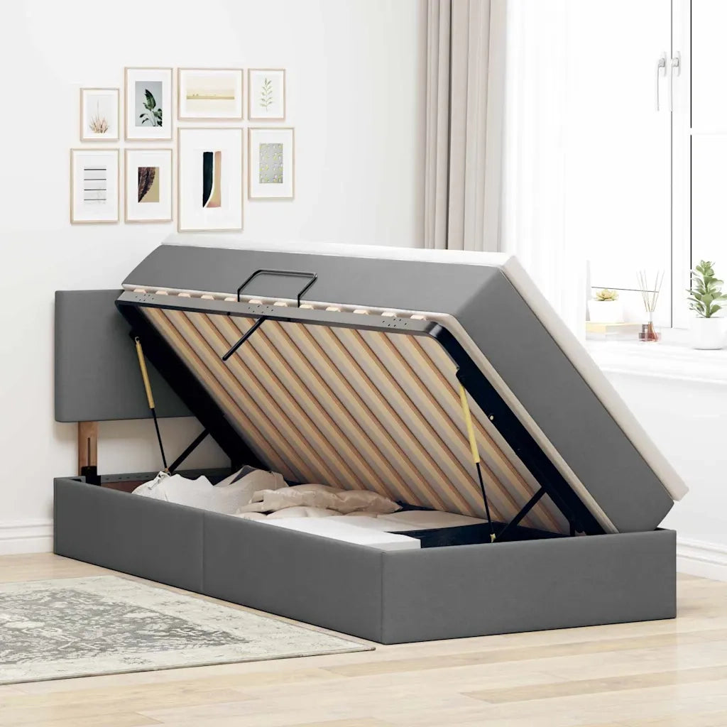 Letto con contenitore e LED Grigio scuro 100 x 200 cm Tessuto