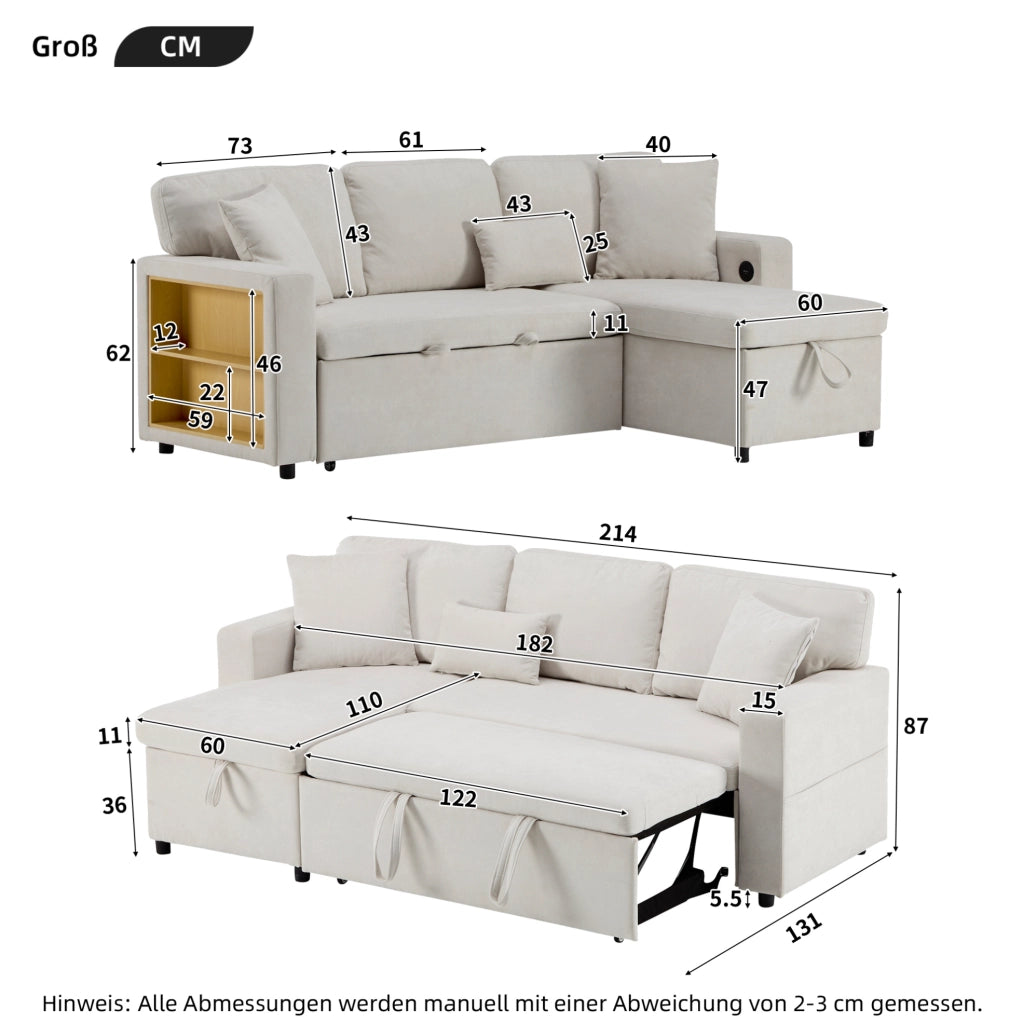 Divano letto angolare reversibile con USB e contenitore in flanella beige