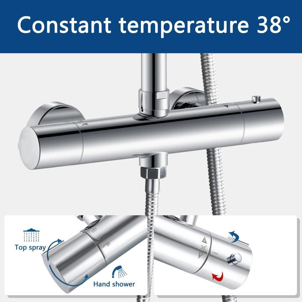 AICA Colonna doccia con miscelatore termostatico, rubinetto doccia cilindro 28x4cm, soffione doccia rotondo 20x20cm in acciaio inox cromato